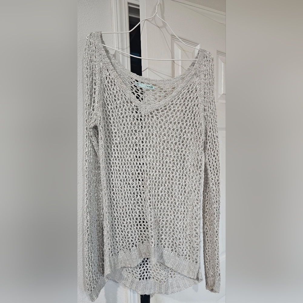 Maurices Light Gray V-Neck Open-Knit Sweater